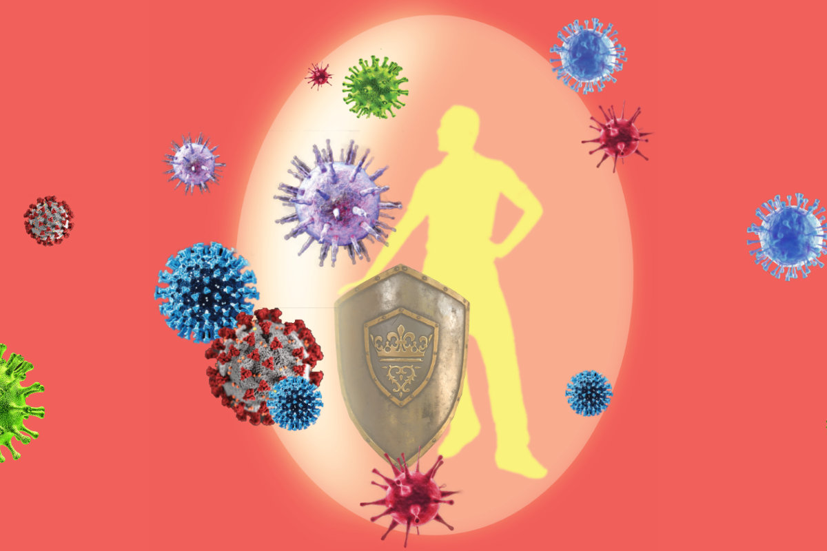 a man attacked by viruses protects with shield