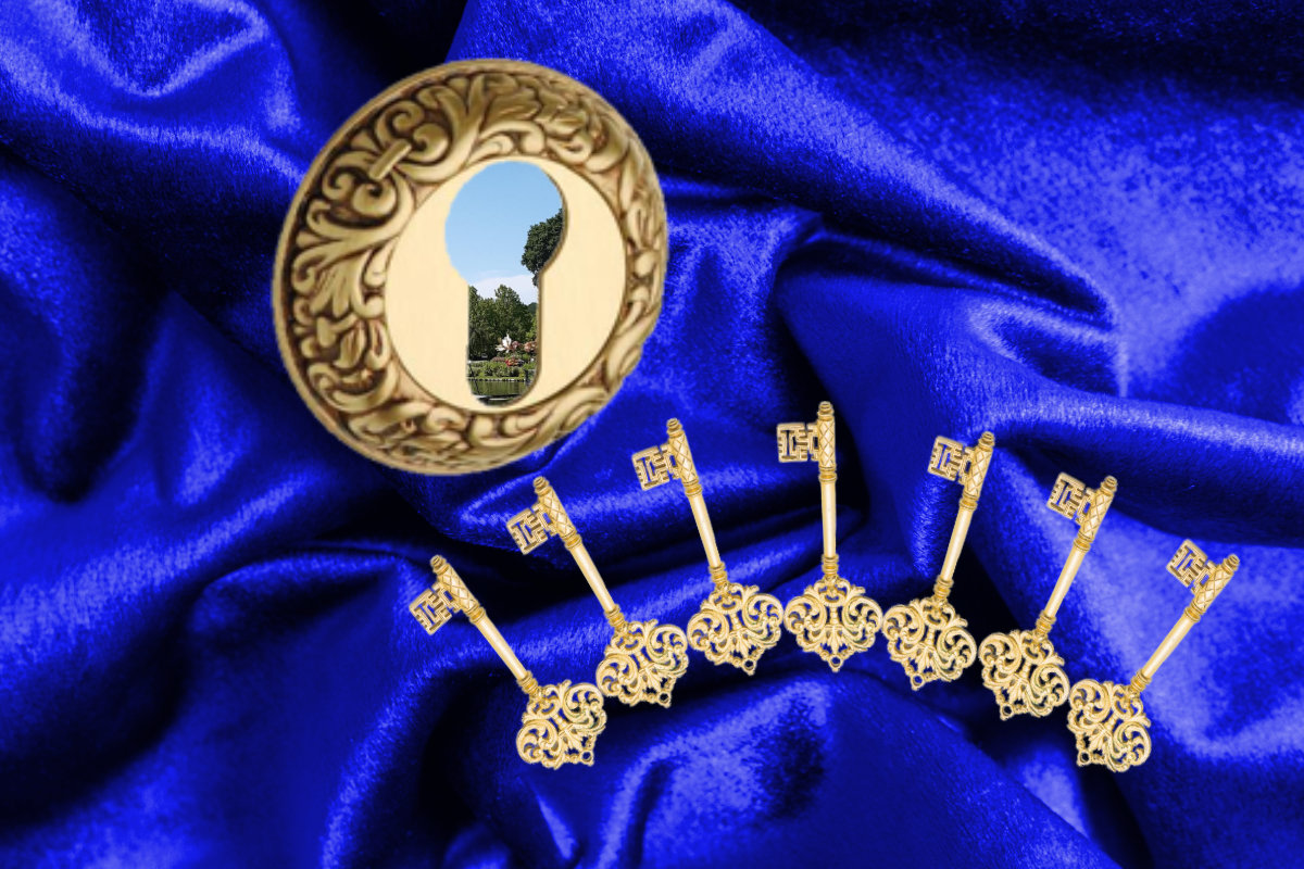 7 golden keys and golden lock on blue velvet