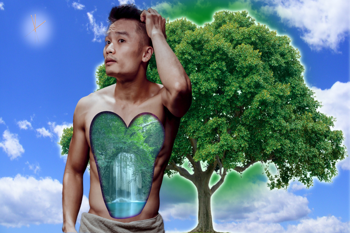 5 mouvements un buste d'homme ouvert sur une cascade